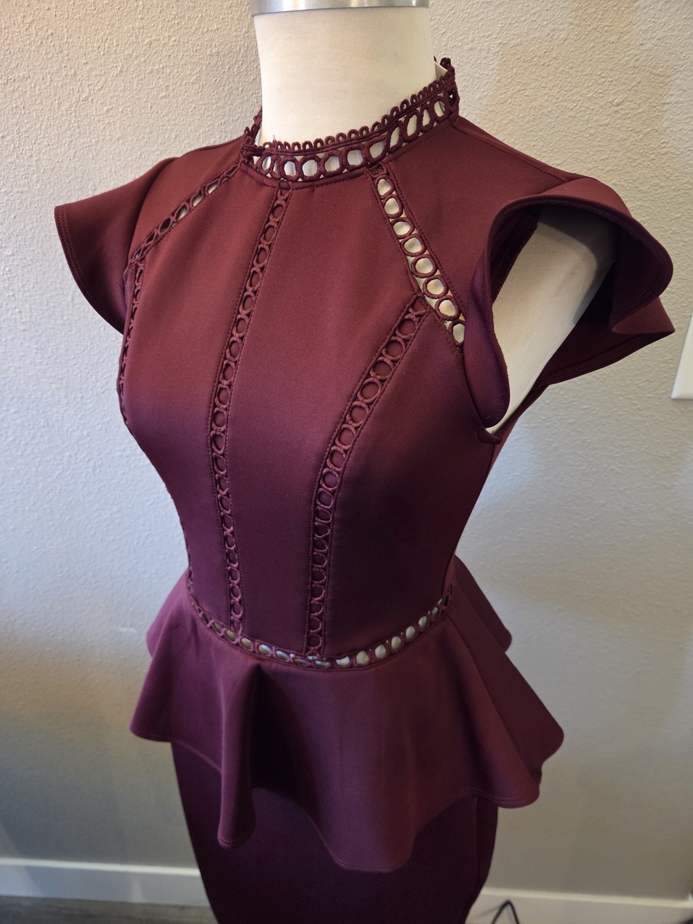Bisou Bisou Burgundy Peplum Midi Dress with Cutout Trim